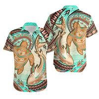 Hawaii Couples Matching Short Sleeve Bodycon Dress And Hawaiian Shirt Polynesian Shark And Sea Turtle Dreamy Turquoise LT14 No Dress Turquoise - Polynesian Pride