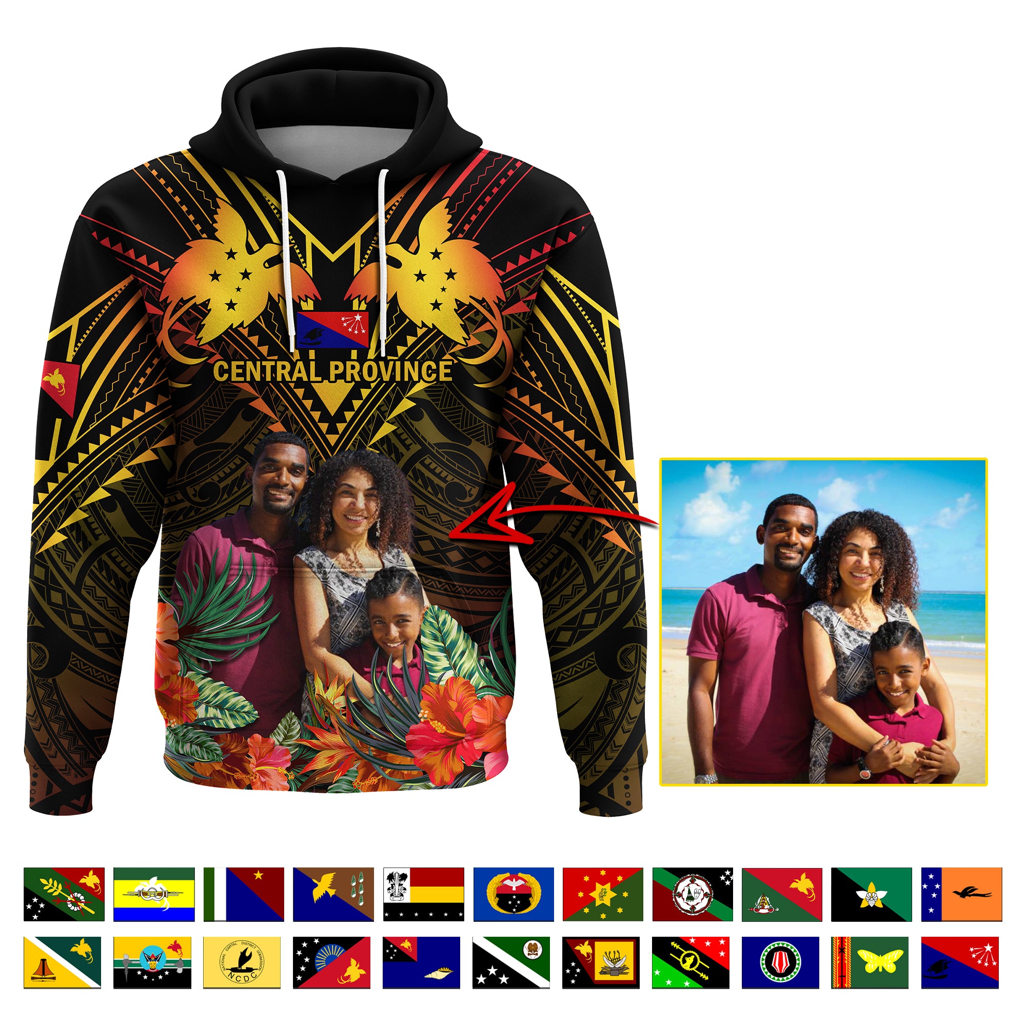Custom Photo Papua New Guinea Provinces Hoodie Flag With Polynesian Tropical Flowers CTM14 Pullover Hoodie - Polynesian Pride