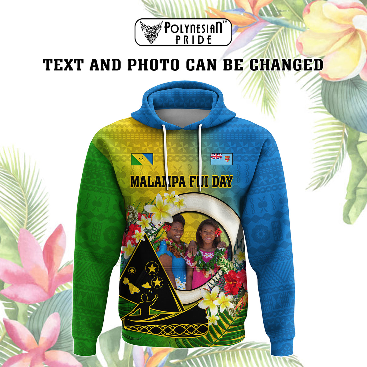 Custom Photo Malampa Fiji Day Hoodie Together We Grow Coat Of Arms Tropical Flowers CTM14