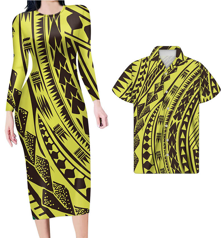 Polynesian Pride Hawaii Matching Outfits For Couples Polynesian Tribal Yellow Black Bodycon Dress And Hawaii Shirt - Polynesian Pride