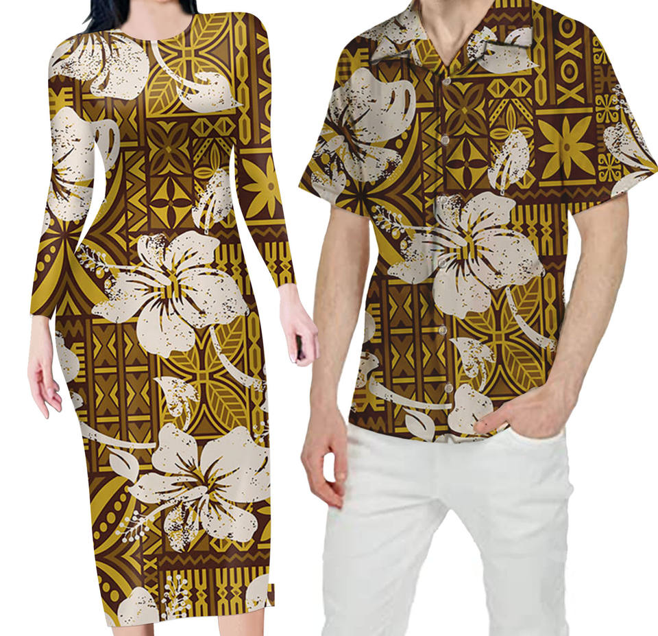 Matching Outfit For Couples Hibiscus Flowers Hawaii Polynesian Tribal Bodycon Dress And Hawaii Shirt - Polynesian Pride