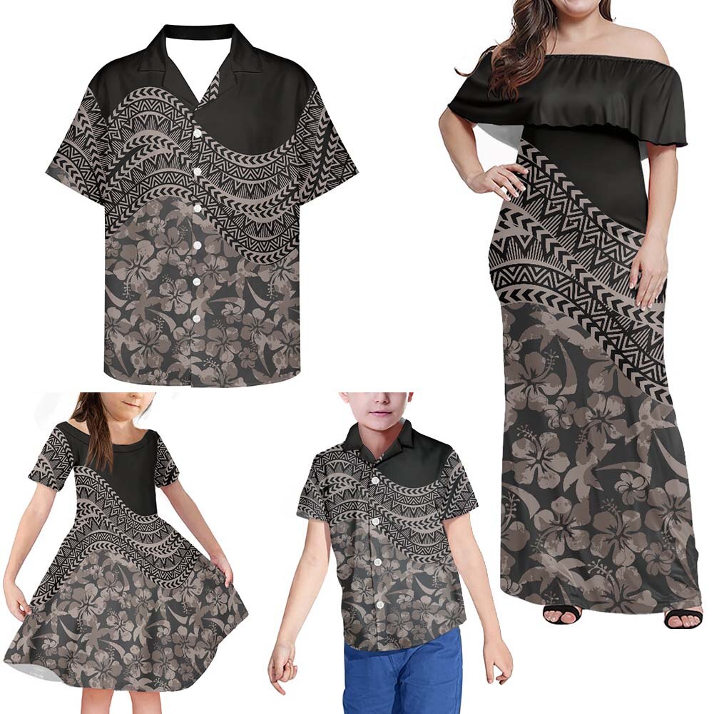 Black Hawaii Family Matching Outfit Samoan Polynesian Tribal Flowers Half Off Shoulder Long Sleeve Dress And Shirt - Polynesian Pride