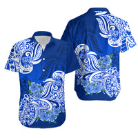 Polynesian Matching Couple Outfit Floral Tribal Puletasi Dress and Hawaiian Shirt Blue LT9 - Polynesian Pride