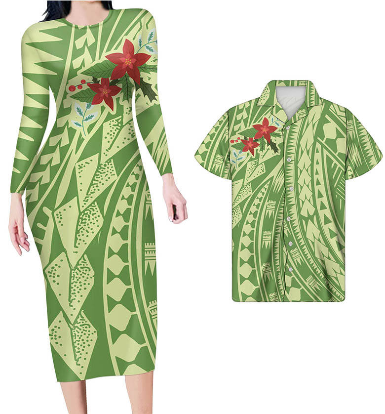 Polynesian Pride Hawaii Matching Outfits For Couples Hawaii Flowers Polynesian Tribal Green Bodycon Dress And Hawaii Shirt - Polynesian Pride