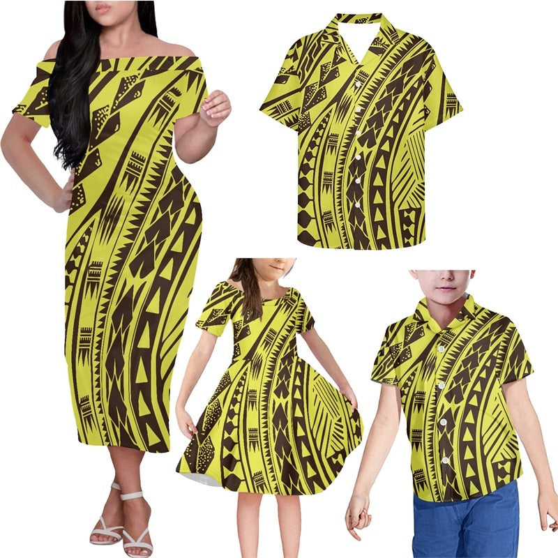 Polynesian Family Set Outfits Hawaii Polynesian Tribal Yellow Off Shoulder Long Sleeve Dress And Shirt - Polynesian Pride