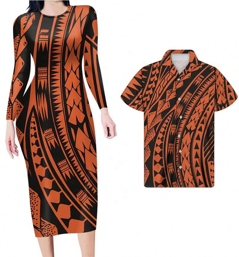 Polynesian Pride Hawaii Matching Clothes For Couples Polynesian Tribal Orange Bodycon Dress And Summer Hawaii Shirt - Polynesian Pride