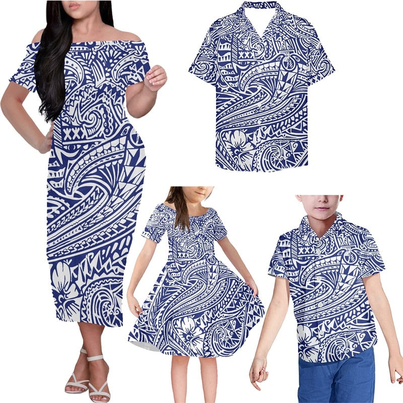 Blue Polynesian Tribal Family Set Outfits Hawaii Flowers Off Shoulder Long Sleeve Dress And Shirt - Polynesian Pride