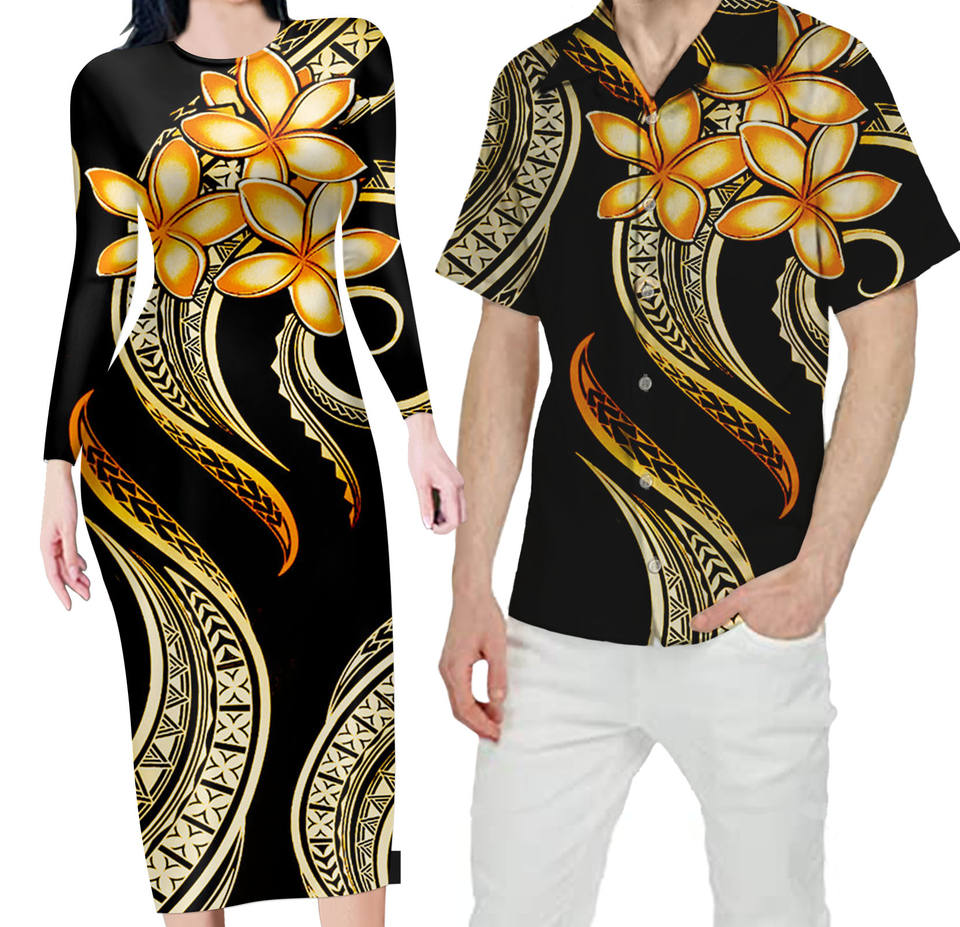 Hawaii Matching Outfit For Couples Hawaiian Plumeria Flower Bodycon Dress And Hawaii Shirt - Polynesian Pride