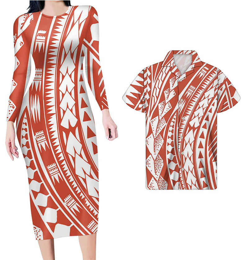 Polynesian Pride Hawaiian Attire For Couples Polynesian Tribal Red White Bodycon Dress And Summer Hawaii Shirt - Polynesian Pride
