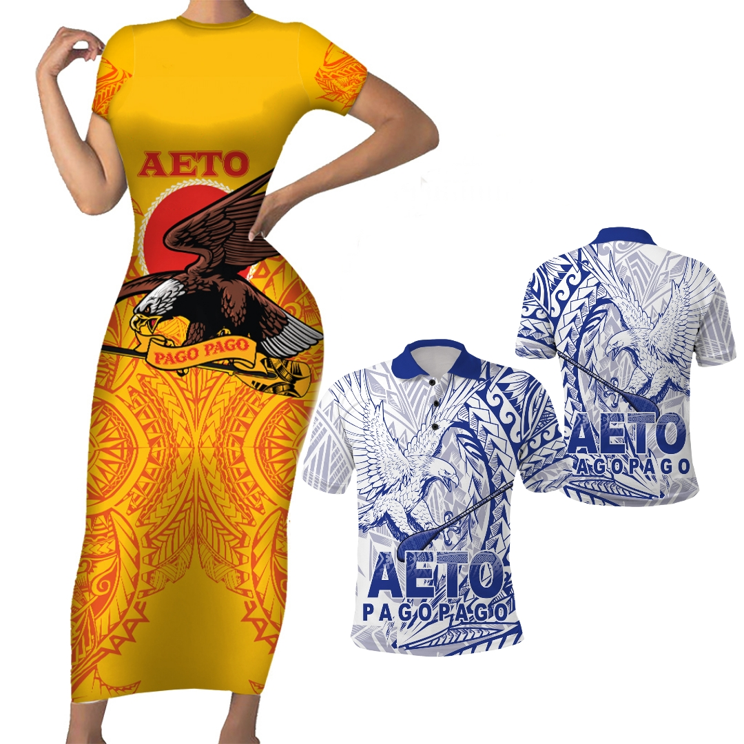 American Samoa Couples Matching Short Sleeve Bodycon Dress and Polo Shirt Aeto Pago Pago Eagle - Polynesian Pride