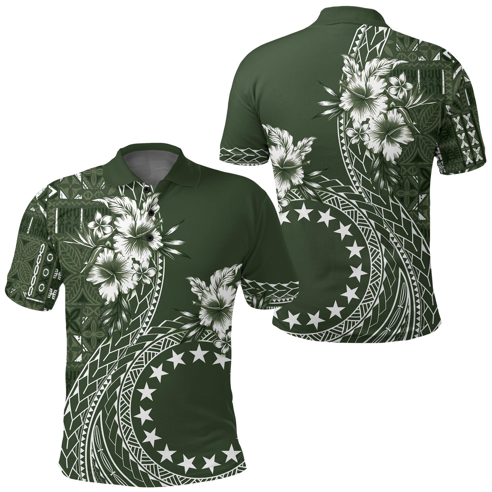 Kia Orana Cook Islands Polo Shirt Tiare and Stars - Moss Green LT7
