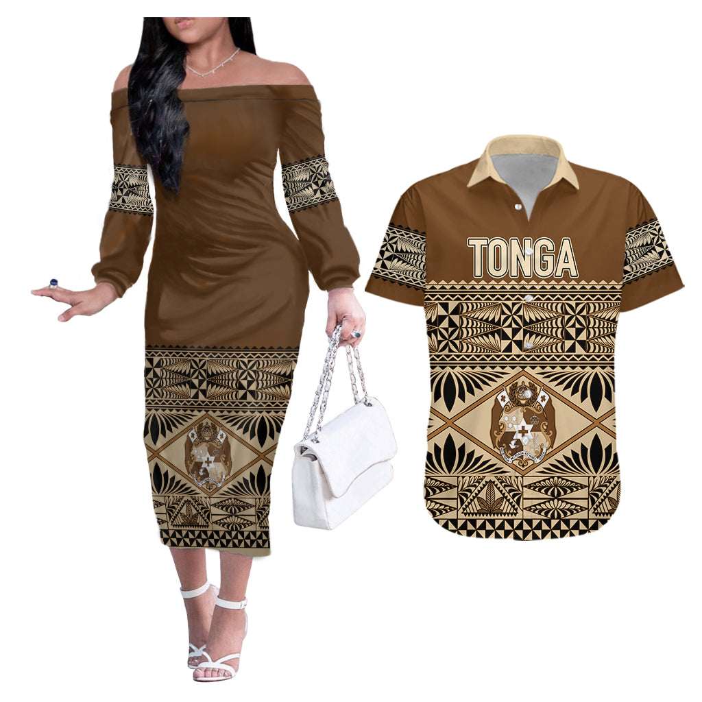 Personalised Tonga Independence Day Couples Long Sleeve Dress and Hawaiian Shirt Ngatu Tapa Style LT7 Brown - Polynesian Pride
