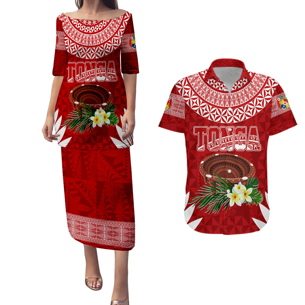 Personalised Tonga Independence Day Puletasi Dress and Hawaiian Shirt Kumete Kava Bowl With Plumeria LT7 Red - Polynesian Pride