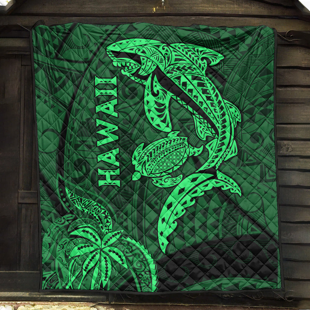 Hawaii Shark and Turtle Quilt With Green Kakau LT9 Green - Polynesian Pride