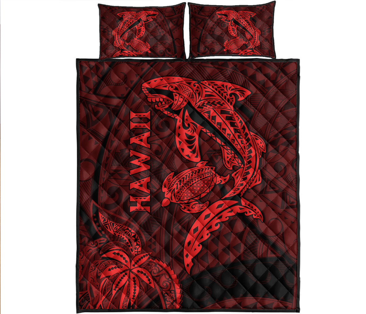 Hawaii Shark and Turtle Quilt With Red Kakau LT9 - Polynesian Pride