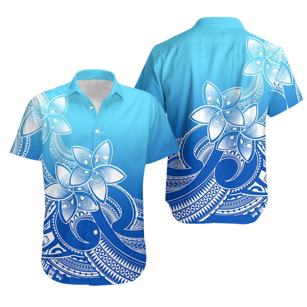 Polynesian Couple Outfits Plumeria Flowers Puletasi Dress and Hawaiian Shirt Polynesian Tribal Gradient Blue LT9 - Polynesian Pride
