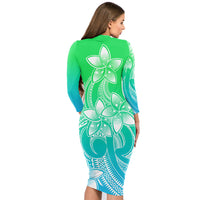 Polynesian Couple Outfits Plumeria Flowers Couples Bodycon Dress Hawaiian Shirt Polynesian Tribal Gradient Green LT9 - Polynesian Pride