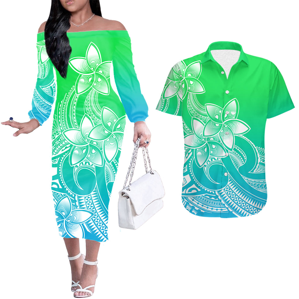 polynesian-couple-outfits-plumeria-flowers-couples-long-sleeve-dress-and-hawaiian-shirt-polynesian-tribal-gradient-green
