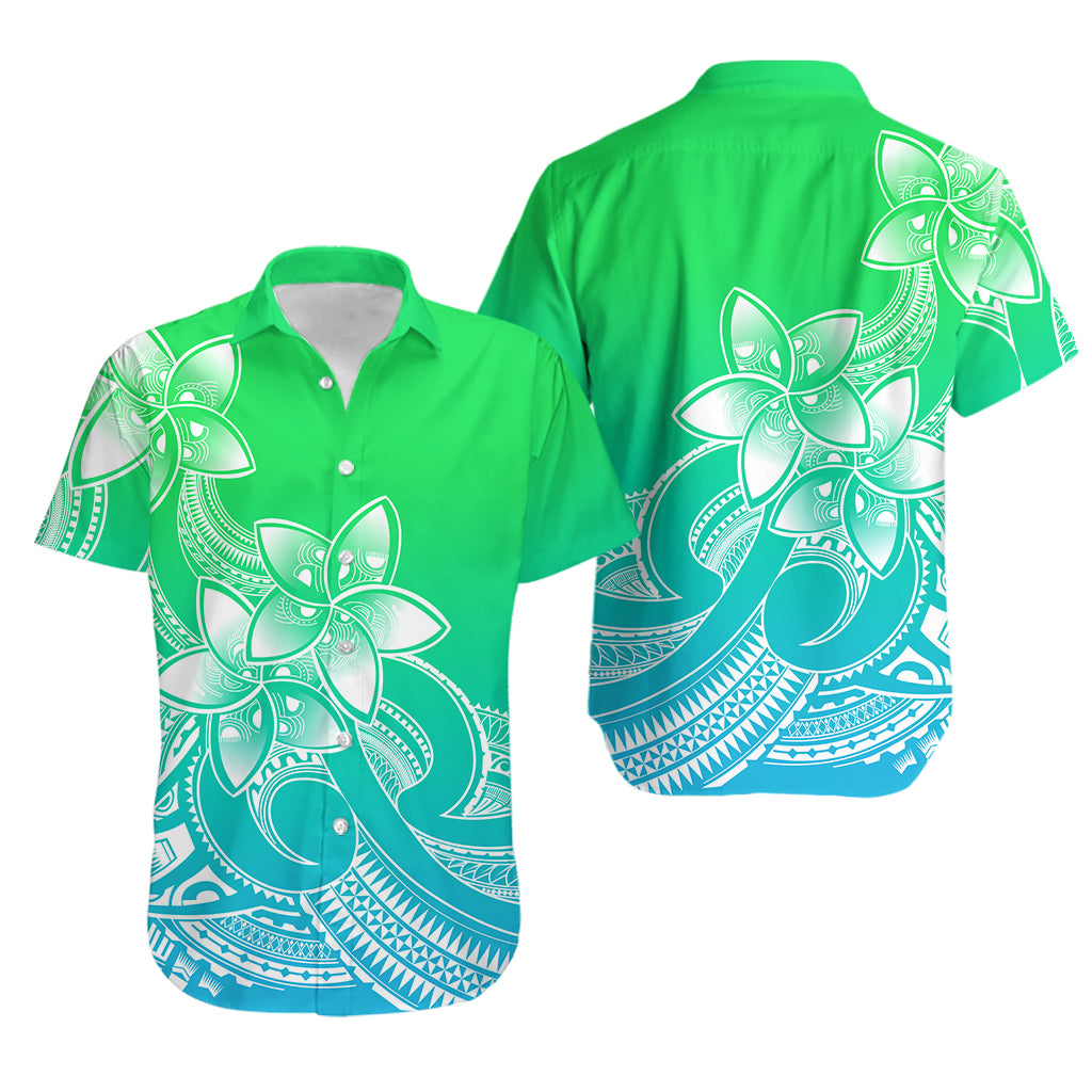 Polynesian Couple Outfits Plumeria Flowers Puletasi Dress and Hawaiian Shirt Polynesian Tribal Gradient Green LT9 - Polynesian Pride