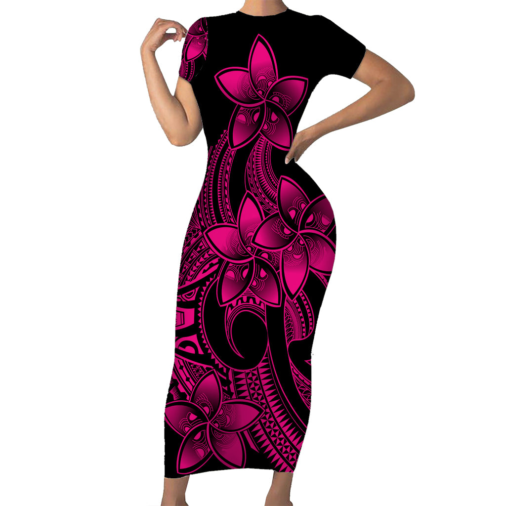 Polynesian Pride Plumeria Flowers Short Sleeve Body Long Dress Polynesian Tribal Pink Vibe LT9 Long Dress Pink - Polynesian Pride