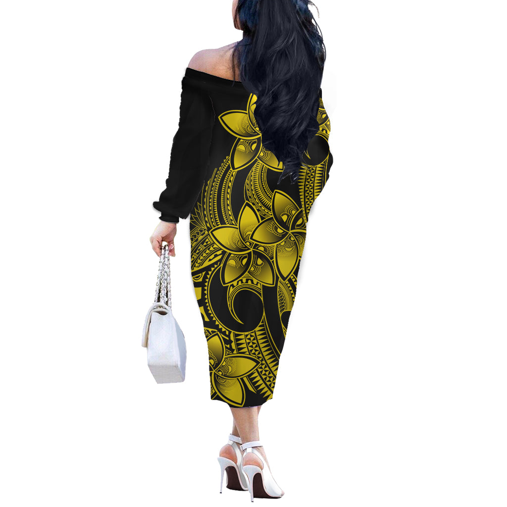 Polynesian Couple Outfits Plumeria Flowers Couples Long Sleeve Dress and Hawaiian Shirt Polynesian Tribal Yellow Vibe LT9 - Polynesian Pride