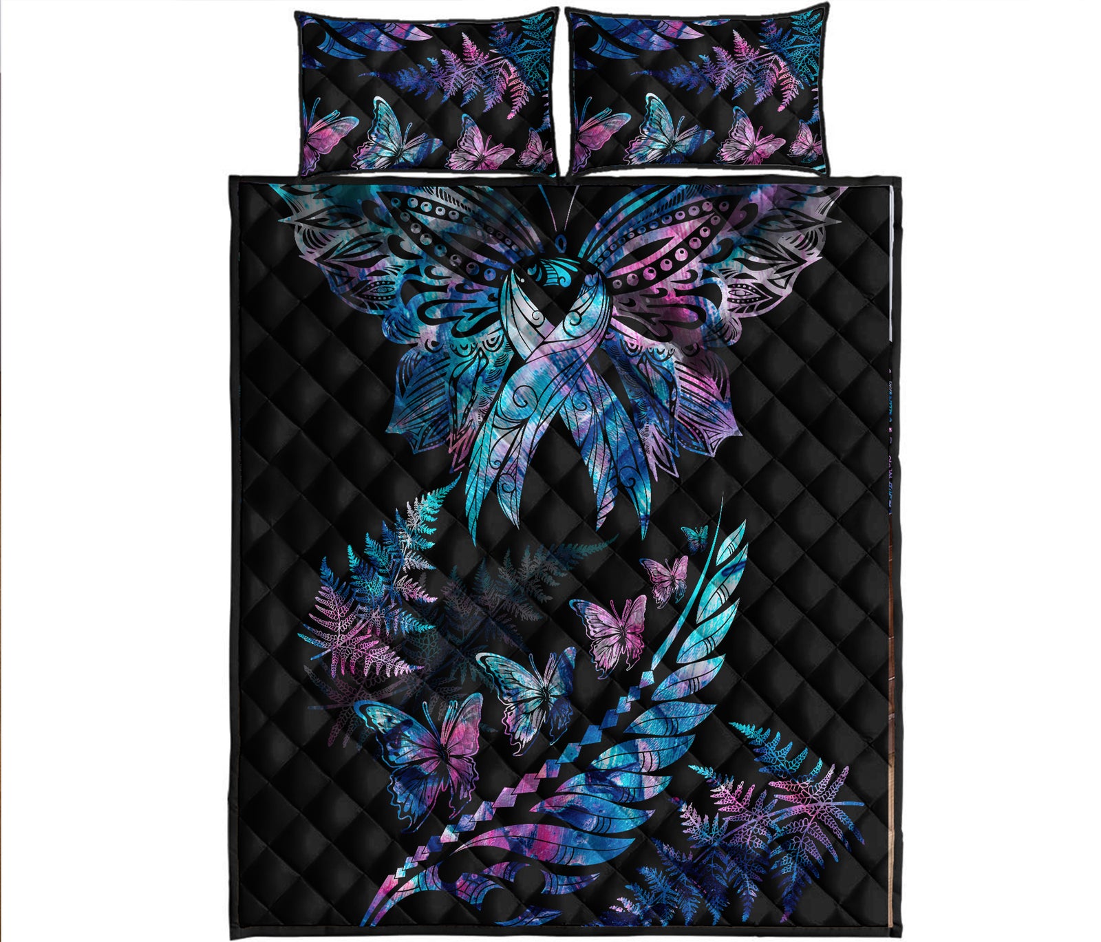 Polynesia Ribbon Butterflies Quilt Bed Set Silver Fern Breast Cancer With Papua Shell Pattern LT9 Black - Polynesian Pride