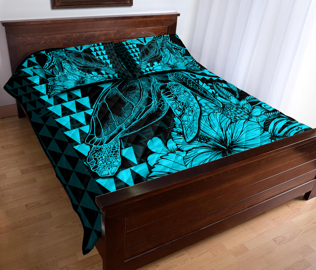 Hawaii Sea Turtle Quilt Bed Set Polynesia Kakau with Kanaka Maoli Teal LT9 - Polynesian Pride