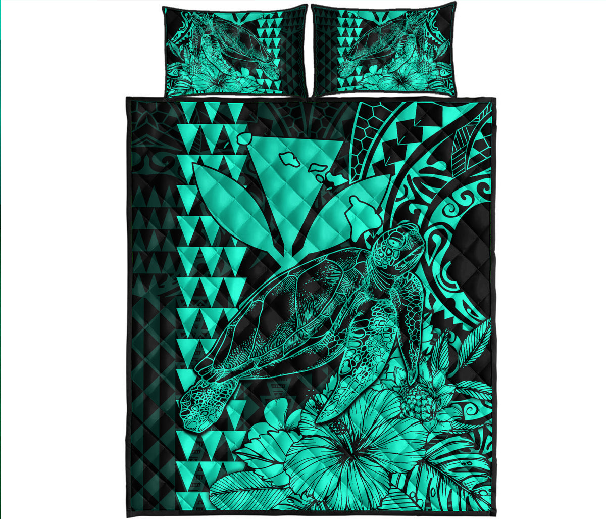 Hawaii Sea Turtle Quilt Bed Set Polynesia Kakau with Kanaka Maoli Turquoise LT9 Turquoise - Polynesian Pride