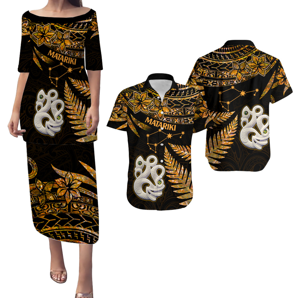 Couples Matching Hawaiian Outfits Matariki New Zealand Puletasi Dress and Hawaiian Shirt Manaia with Paua Shell - Gold LT9 Gold - Polynesian Pride