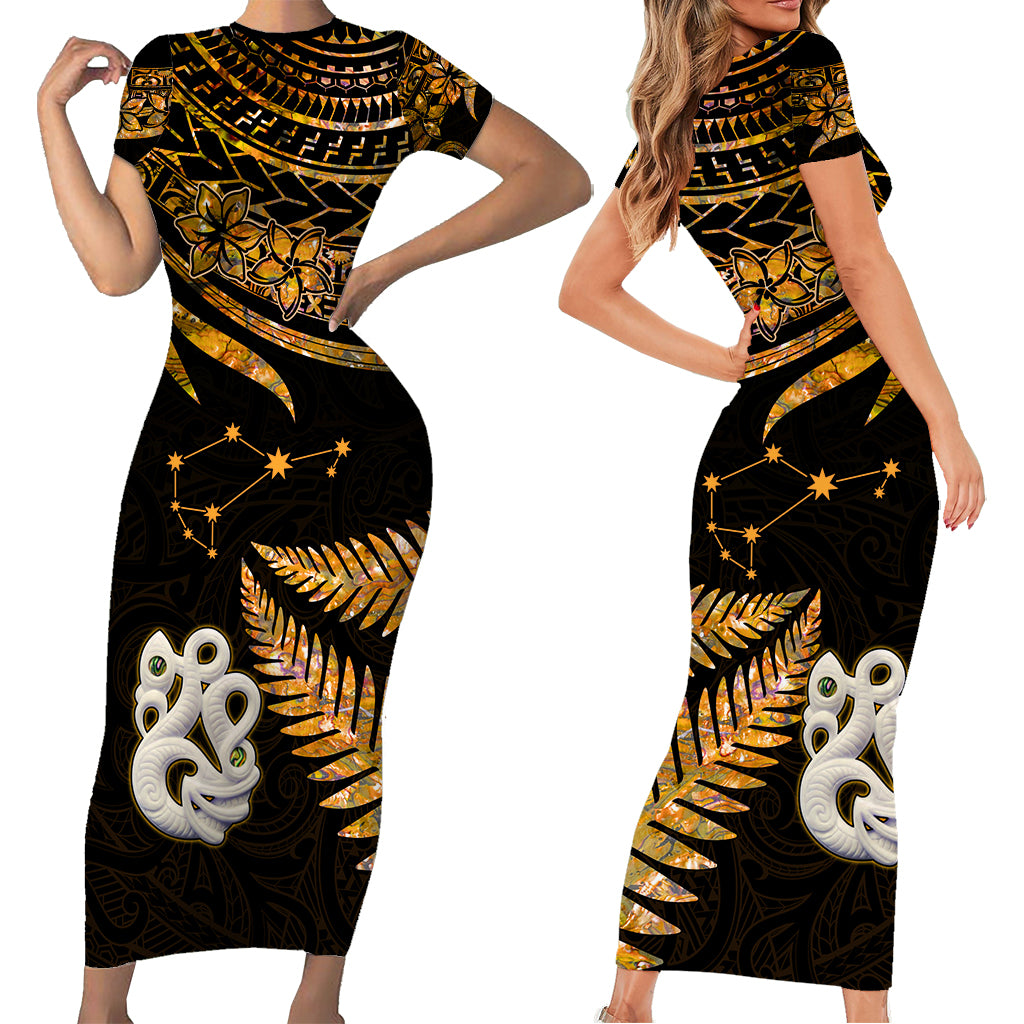 Matching Outfits For Couples Maori Short Sleeve Body Long Dress and Hawaiian Shirt Matariki Stars Manaia with Paua Shell - Gold LT9 - Polynesian Pride