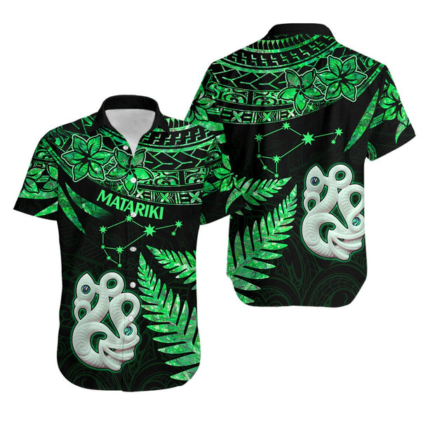 Custom Maori Long Sleeve Shirt Matariki Stars Manaia with Paua Shell - Green LT9 main image 1
