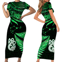 Matching Outfits For Couples Maori Short Sleeve Body Long Dress and Hawaiian Shirt Matariki Stars Manaia with Paua Shell - Green LT9 - Polynesian Pride