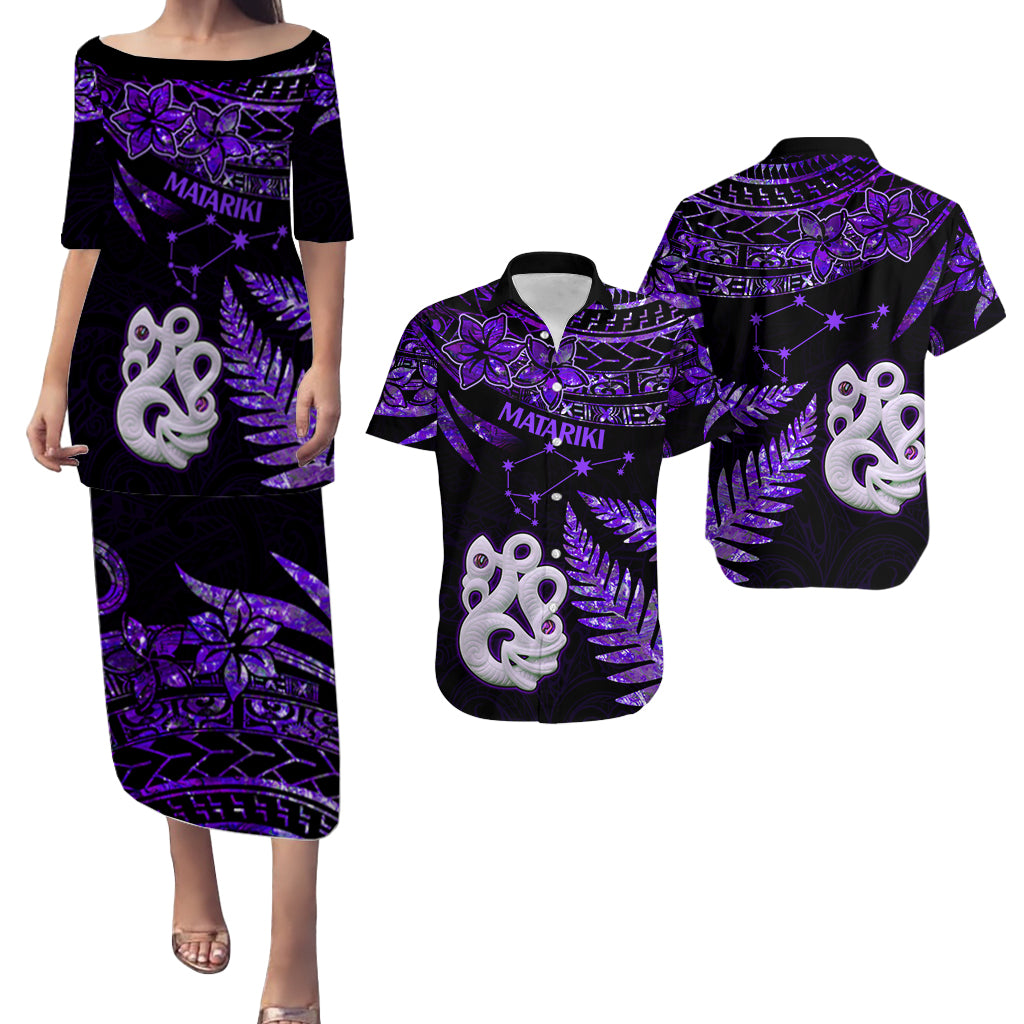 Couples Matching Hawaiian Outfits Matariki New Zealand Puletasi Dress and Hawaiian Shirt Manaia with Paua Shell - Purple LT9 Purple - Polynesian Pride
