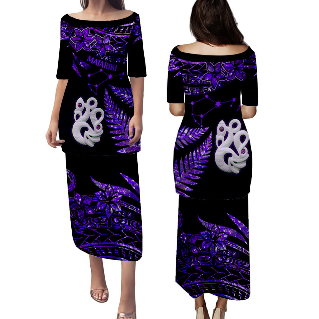 Couples Matching Hawaiian Outfits Matariki New Zealand Puletasi Dress and Hawaiian Shirt Manaia with Paua Shell - Purple LT9 - Polynesian Pride