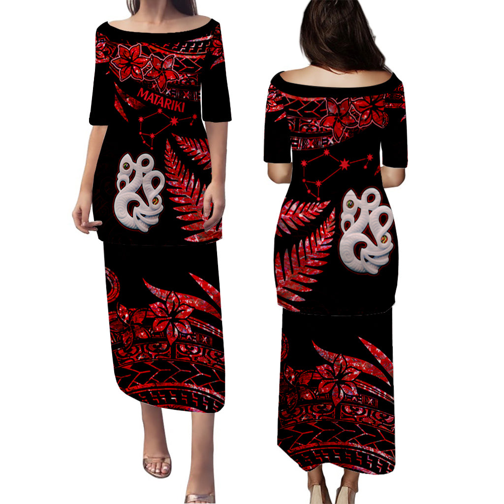Couples Matching Hawaiian Outfits Matariki New Zealand Puletasi Dress and Hawaiian Shirt Manaia with Paua Shell - Red LT9 - Polynesian Pride