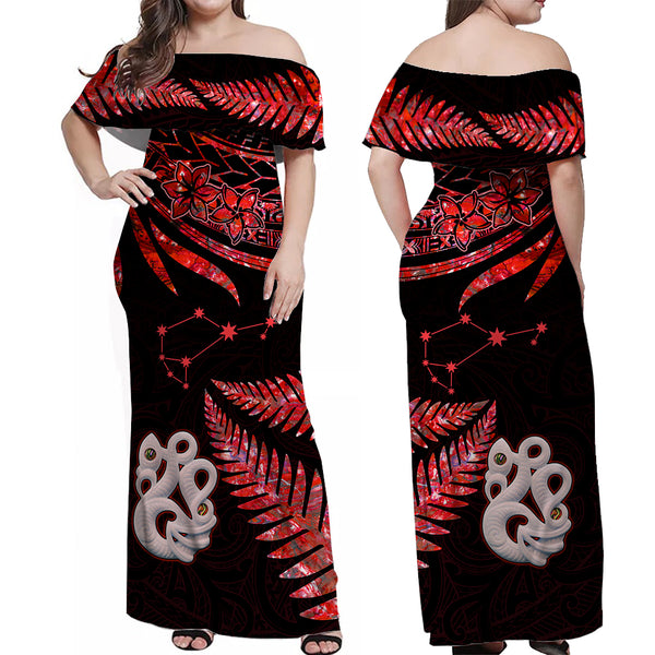 Polynesian Floral Tribal Off Shoulder Long Dress - Red LT9