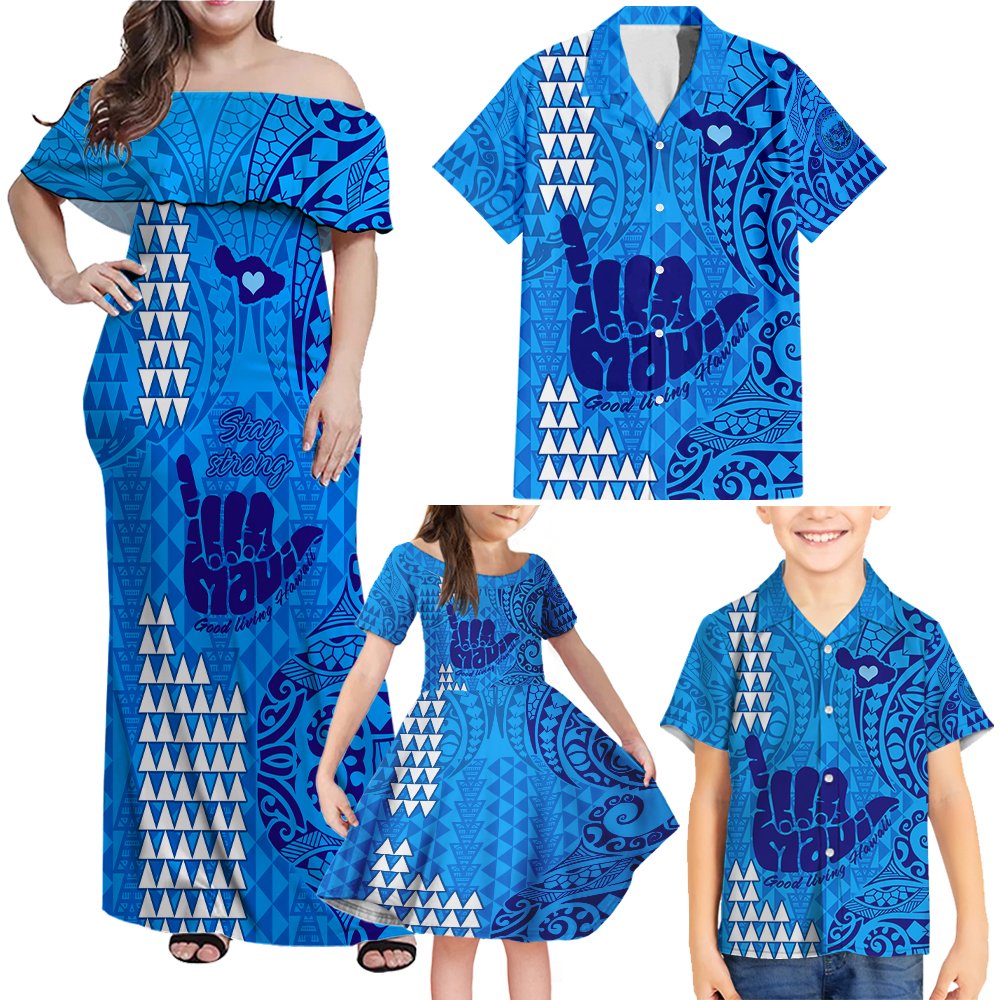 Strong Maui Family Off Shoulder Maxi Dress and Hawaiian Shirt Good Liv - Polynesian Pride Strong Maui Family Off Shoulder Maxi Dress and Hawaiian Shirt Good Liv - Polynesian Pride