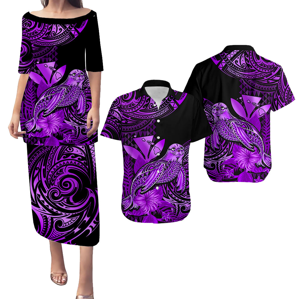 Matching Outfit For Couples Hawaii Monk Seal Puletasi Dress and Hawaiian Shirt Polynesian Kakau With Kanaka Purple LT14 Purple - Polynesian Pride