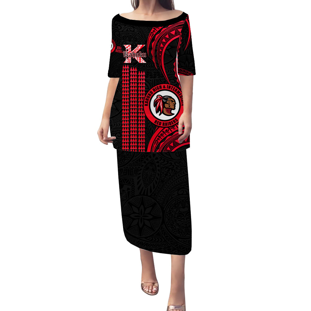 Personalised Hawaii Kahuku High And Intermediate School Puletasi Dress Polynesian Kakau Pattern LT14 Long Dress Red - Polynesian Pride