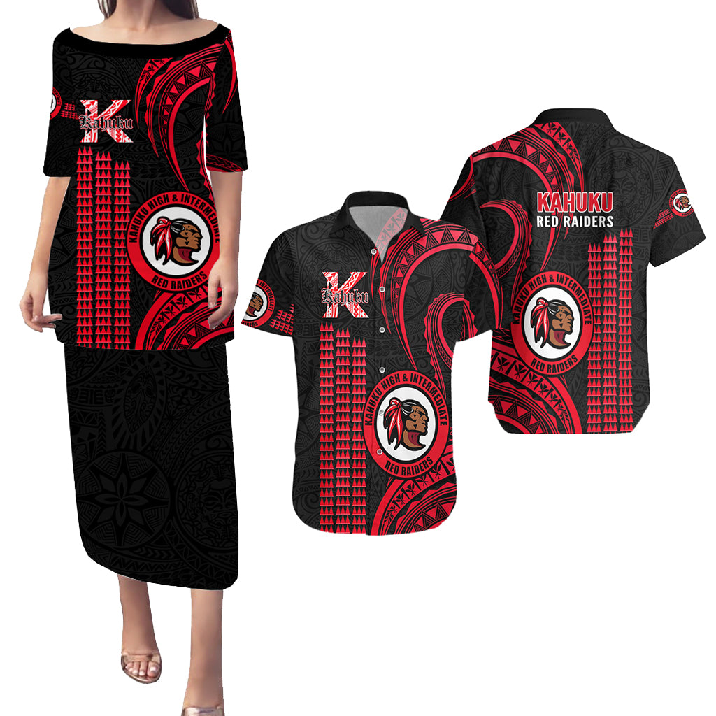 Matching Outfit For Couples Hawaii Kahuku High And Intermediate School Puletasi Dress and Hawaiian Shirt Polynesian Kakau Pattern LT14 Red - Polynesian Pride