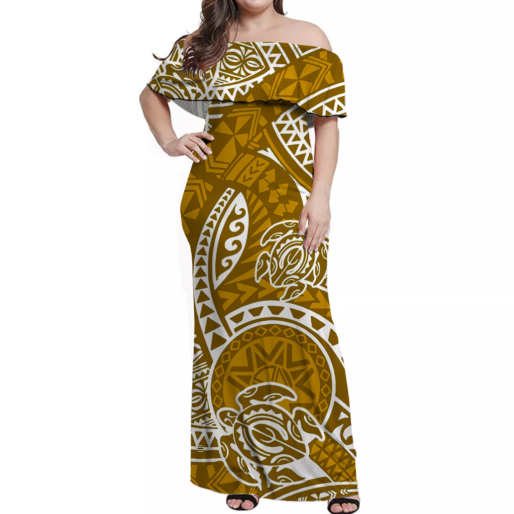 Hawaii Off Shoulder Long Dress Hawaiian Tribal Honu Gold Version LT14 - Polynesian Pride Hawaii Off Shoulder Long Dress Hawaiian Tribal Honu Gold Version LT14 - Polynesian Pride
