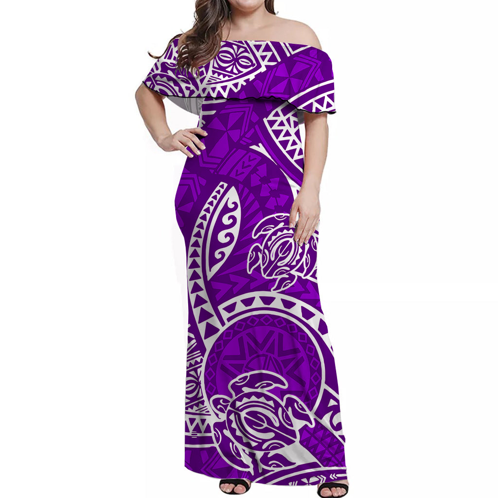 Hawaii Off Shoulder Long Dress Hawaiian Tribal Honu Purple Version LT14 Women Purple - Polynesian Pride