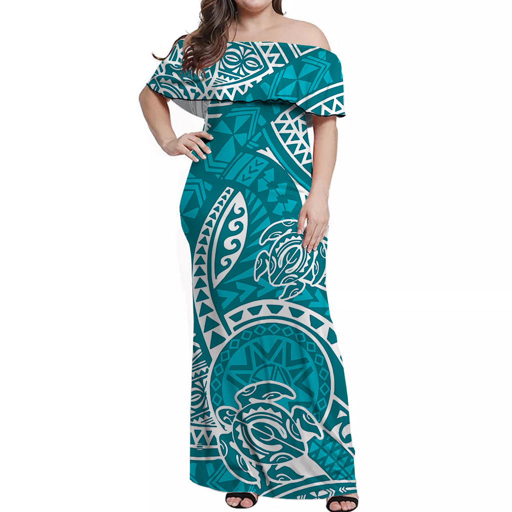 Hawaii Off Shoulder Long Dress Hawaiian Tribal Honu Turquoise Version - Polynesian Pride Hawaii Off Shoulder Long Dress Hawaiian Tribal Honu Turquoise Version - Polynesian Pride