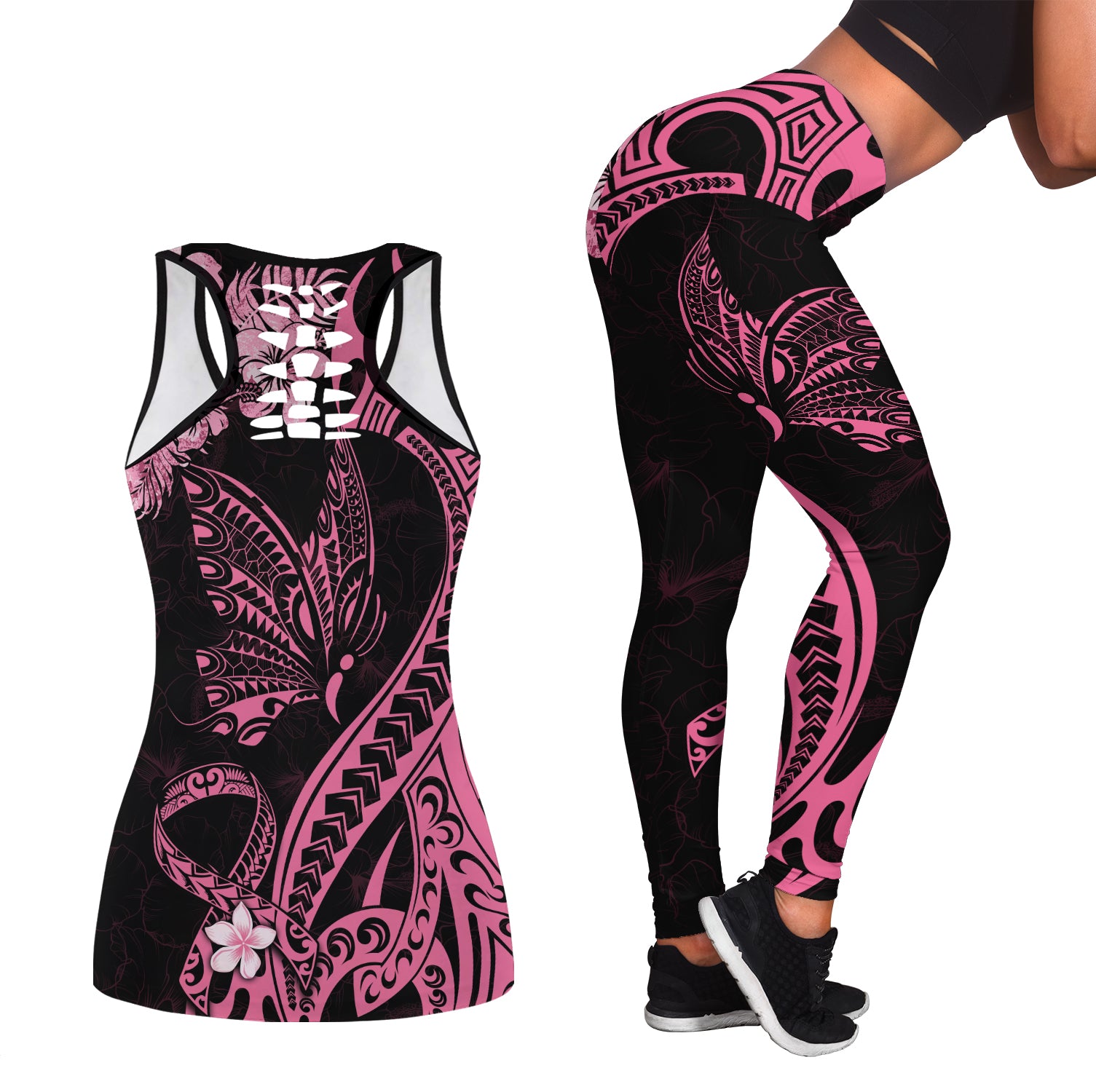Polynesia Floral Butterfly Combo Hollow Tank and Legging Breast Cancer Pink Ribbon LT9