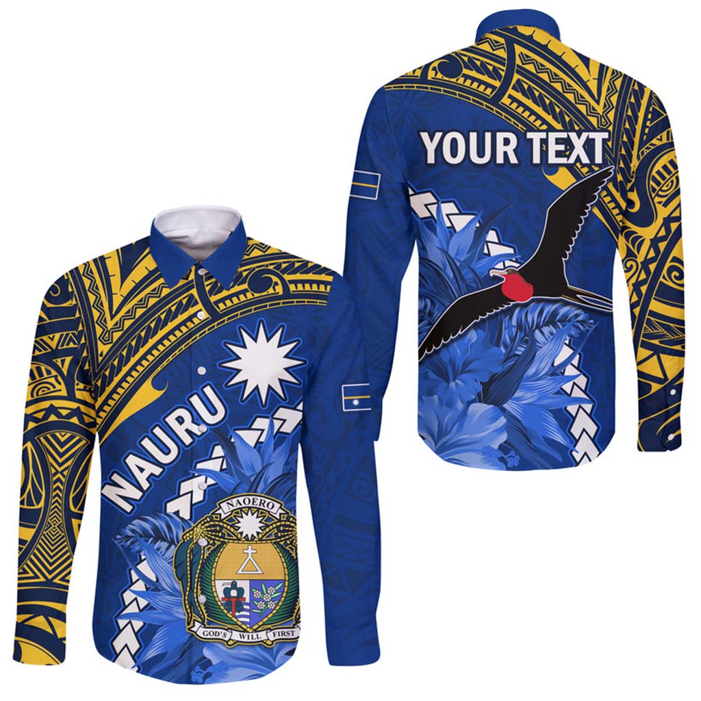 (Custom Personalised) Nauru Coat of Arms Hawaii Long Sleeve Button Shirt Polynesian With Frigatebird LT9