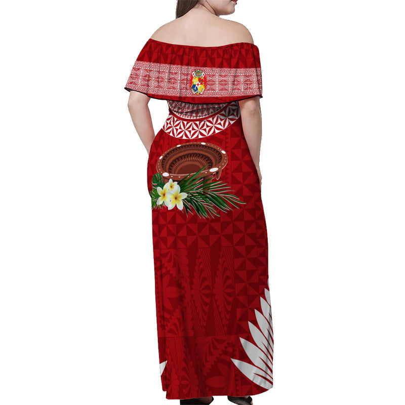 Personalised Tonga Independence Day Off Shoulder Long Dress Kumete Kava Bowl With Plumeria LT7 - Polynesian Pride