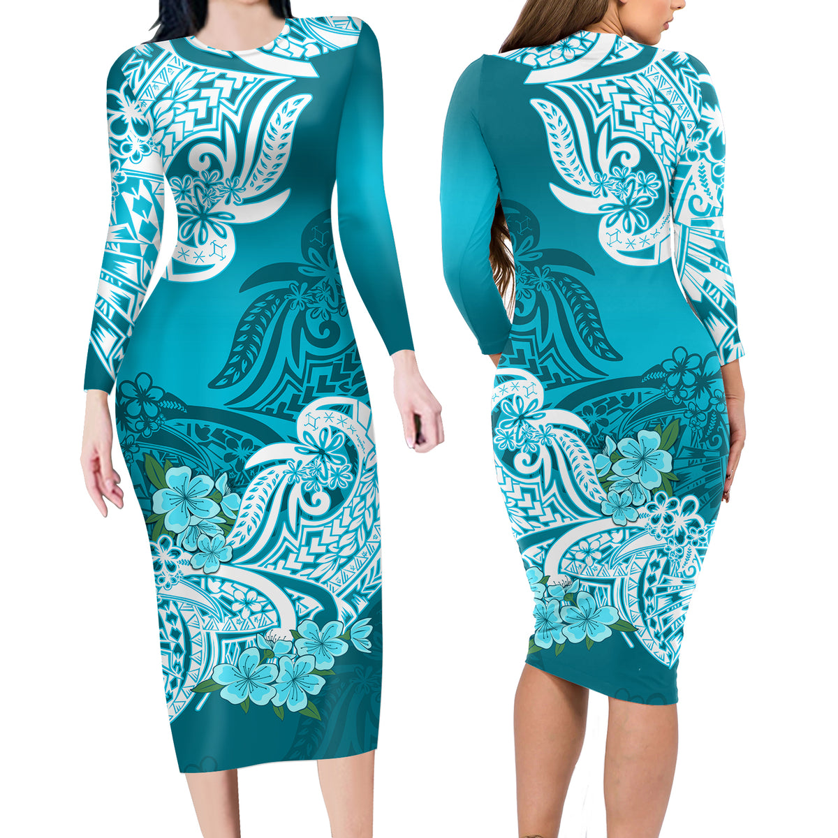 Polynesian Matching Outfit For Couples Floral Tribal Teal Style Bodycon Dress And Hawaii Shirt LT9 - Polynesian Pride