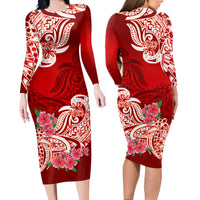 Polynesian Matching Outfit For Couples Floral Tribal Red Style Bodycon Dress And Hawaii Shirt LT9 - Polynesian Pride