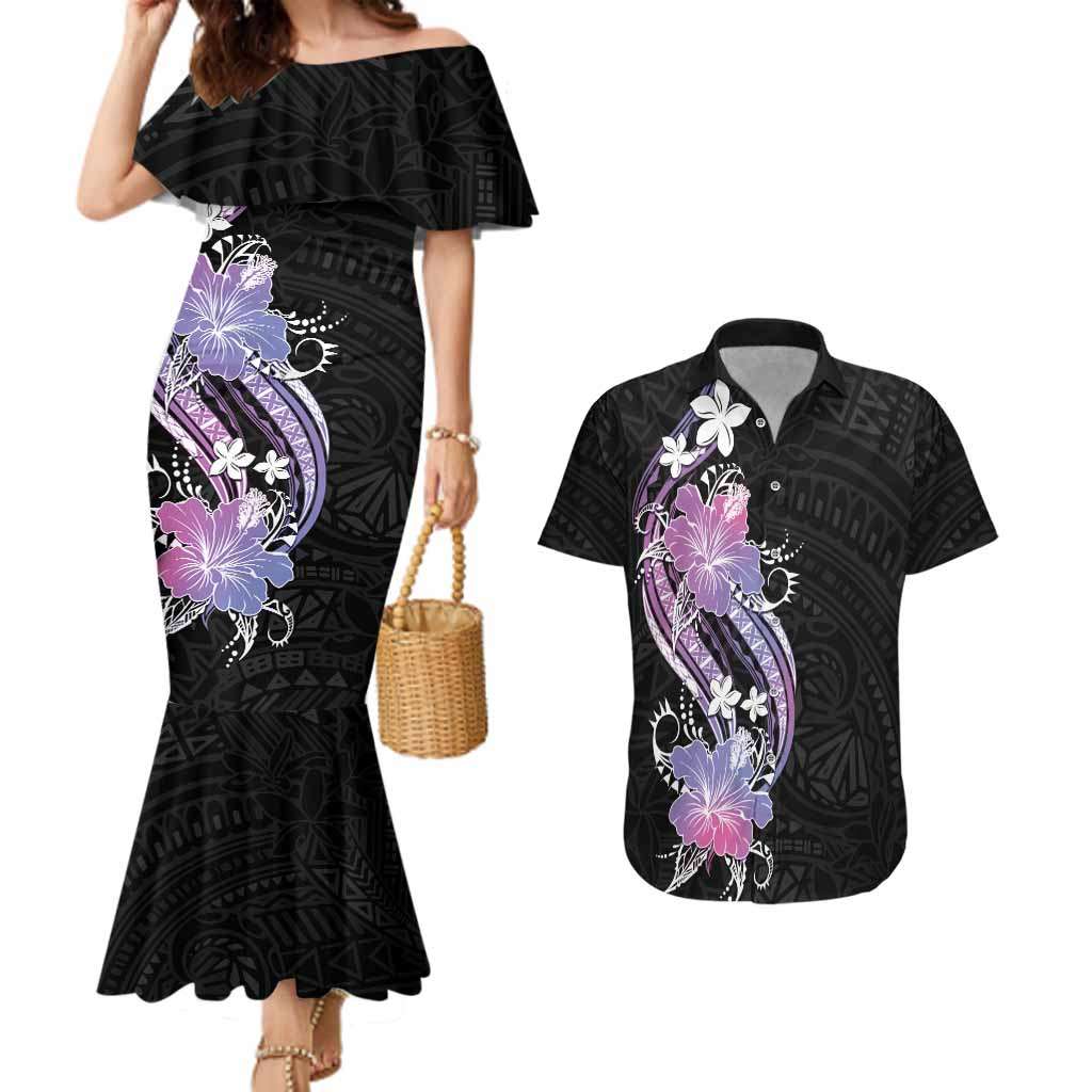 Black Galaxy Polynesian Pattern With Tropical Flowers Couples Matching Mermaid Dress and Hawaiian Shirt LT05
