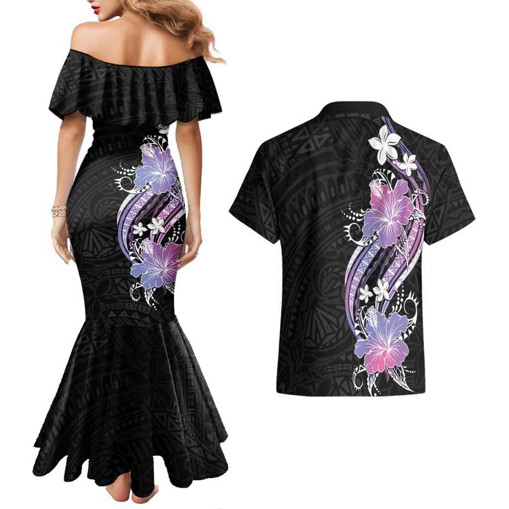 Black Galaxy Polynesian Pattern With Tropical Flowers Couples Matching Mermaid Dress and Hawaiian Shirt LT05